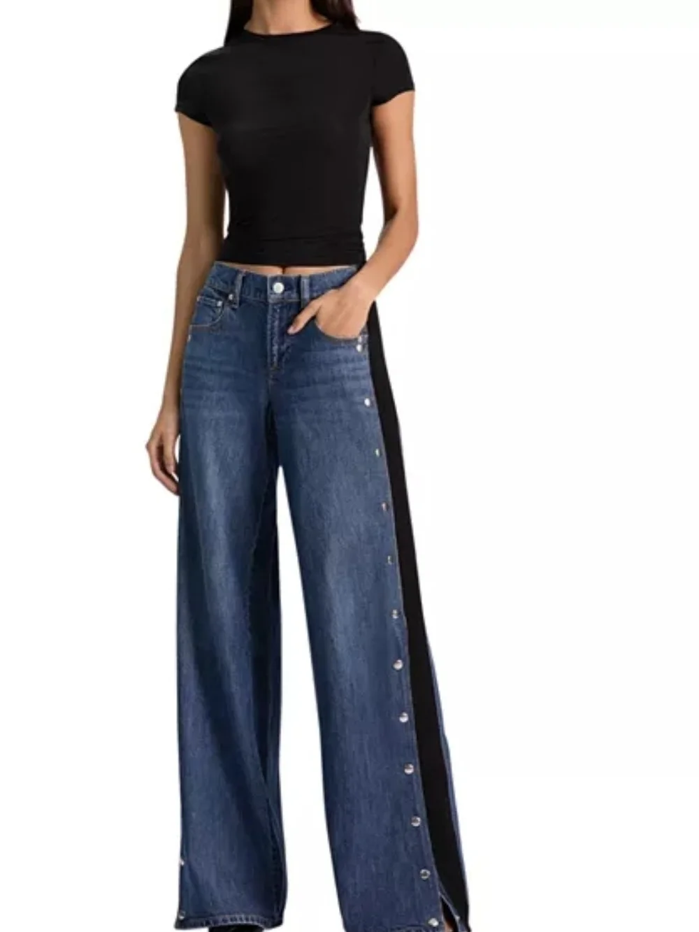Alice + Olivia Two-Tone Wide Leg Snap-Trim Jeans in Denim Blue and Black Size 26 - Picture 1 of 13